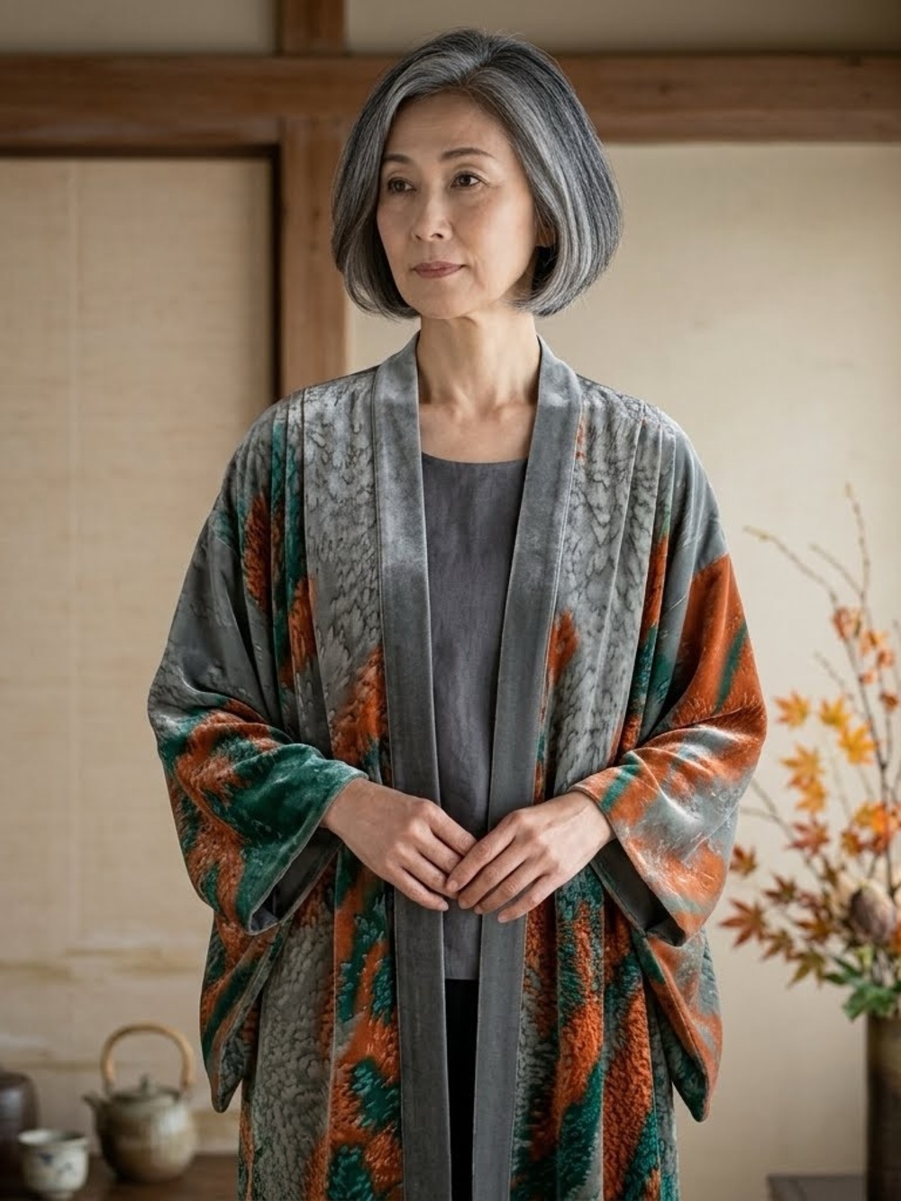 Unique One of a Kind Silk Earthtone Teal and Copper Watercolour Artisan Duster